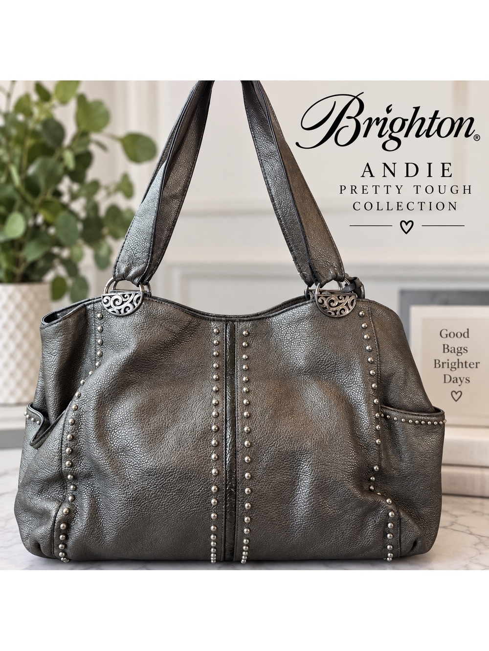 Brighton Andie Pretty Tough Metallic Pewter Leather Bag